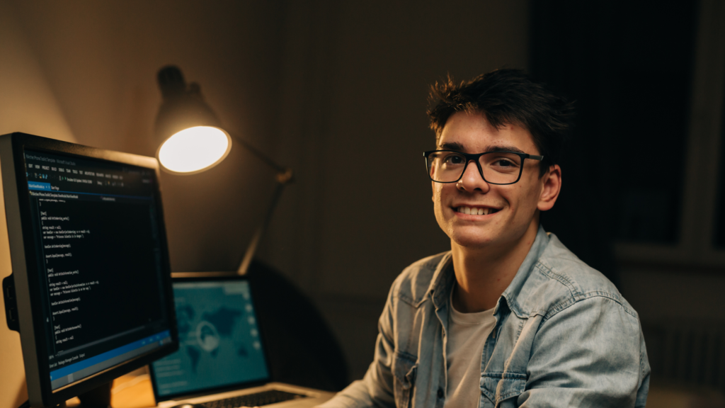 programador iniciante feliz com aprendizado
